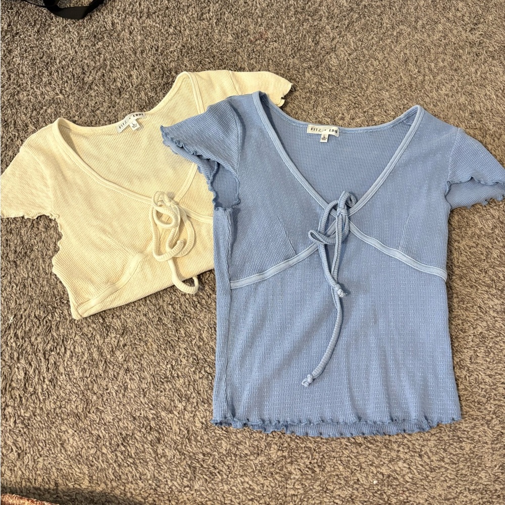 Blue and Cream Tie-Front Tops